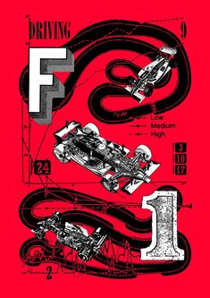 a red poster with an image of a racing car and the number one on it