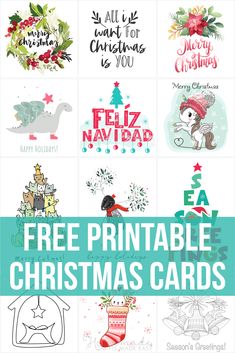 christmas cards with the words free printable christmas cards in different colors and designs on them