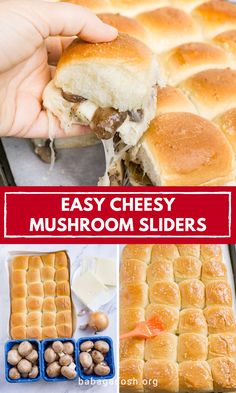 easy cheesy mushroom sliders with text overlay