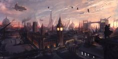 an artistic painting of a city at night with birds flying over the buildings and clock tower