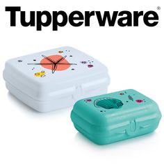 two lunch boxes sitting side by side with the words tupperware written on them