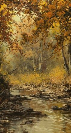 an oil painting of a stream in the woods with yellow leaves on trees and rocks