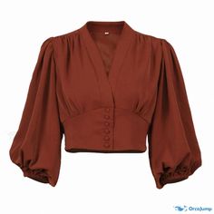 Orcajump - Chic Ruched Lantern Sleeve V Neck Cropped Chiffon Blouse with Solid Design and Button-Up Closure Fashion Design Patterns, Blouse Pattern Sewing, Red S, Dream Style, Chiffon Shirt, Lantern Sleeve, Chiffon Blouse, Design Patterns, Lantern Sleeves