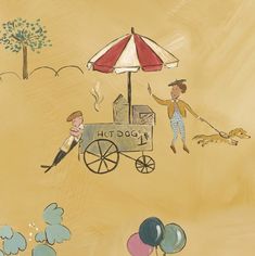 a drawing of a man selling hotdogs to a woman on a cart with an umbrella