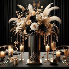 a black and gold table setting with flowers, candles and other decorations on the table