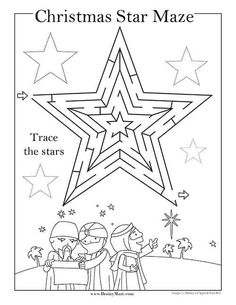 a christmas star maze with two children looking at it and the words, trace the stars