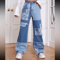 Nwt Jeans Paisley Print Patchwork Boyfriend Jeans Patchwork Wide Leg Jeans, Jeans With Iron On Patches, Funky Jeans Women, Printed Jeans Women, Cute Jeans Aesthetic, Patchwork On Jeans, Cool Jeans Diy, Half And Half Pants, Artsy Jeans