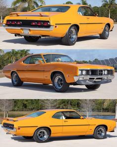 two pictures of an orange muscle car