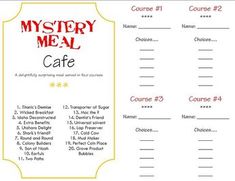 the mystery meal cafe menu is shown in red and yellow, with instructions for ordering