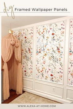 a room with floral wallpaper and curtains