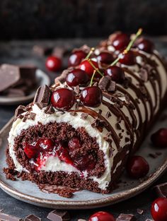 a piece of cake with cherries on it