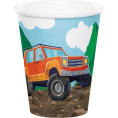 a paper cup with an orange truck on it