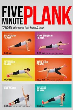 a woman doing planks with the words five minute plank above her and below it