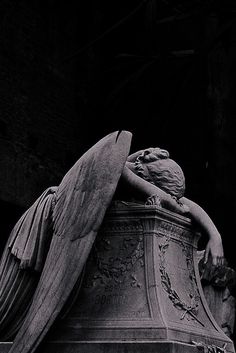 a black and white photo of a statue with an angel on it's back