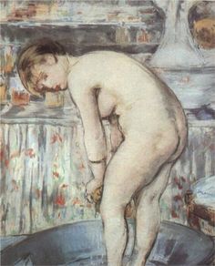 a painting of a naked man standing in front of a pot