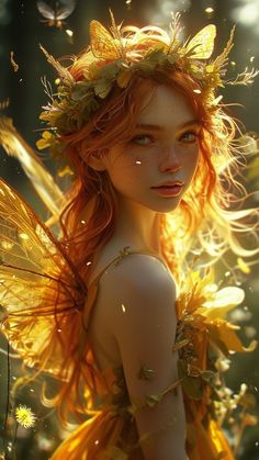 a fairy with orange hair and yellow wings