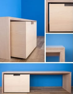 three different views of a desk with drawers