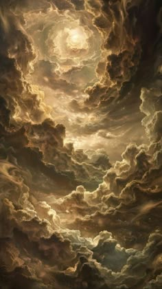 a painting of clouds with the sun shining through them