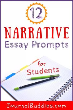 a notebook and pen with the text, 12 narrative essays for students