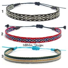 three bracelets with different colors and designs on each one, the third has a beaded