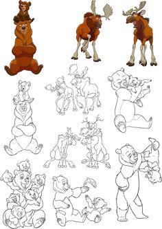 various cartoon animals are shown together in this drawing lesson, including an adult and baby bear