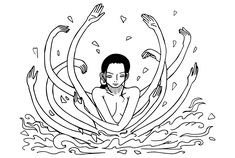 a black and white drawing of a woman swimming in the water with her arms outstretched