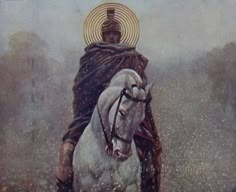 a painting of a man riding on the back of a white horse with a halo above his head