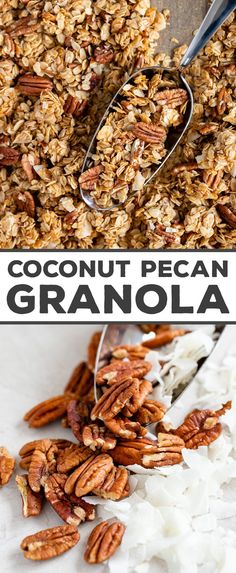 the granola is being made with coconut and pecans