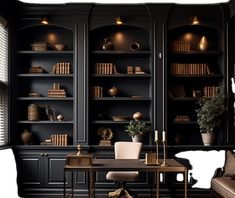 an office with black bookcases and leather chairs