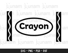 the word crayon is shown in black and white, with an oval border