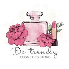 a pink perfume bottle with flowers on it and the words be trendy cosmetics store