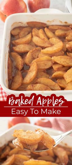 baked apples in a baking dish with caramel and sugar on the side, then topped with chocolate sauce