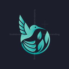 a blue bird with wings flying around it's body on a dark background, logo design