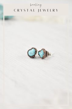 Your raw turquoise earrings collection is not complete without turquoise stud earrings. Handmade with healing crystals and natural stones, this turquoise and copper earrings awakens the wild woman. The turquoise stone earrings studs is made with electroformed copper, making each piece unique and one of a kind, just like you. Embrace your intuitive nature and click through to see more raw turquoise stone jewelry! Stone Earrings Studs, Turquoise Stone Earrings, Turquoise Stud Earrings