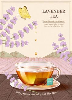 a cup of tea sitting on top of a wooden table next to purple flowers and a butterfly