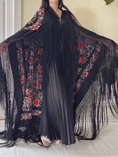 Antique Silk Embroidered Shawl - OSFA | G O S S A M E R Kimono Shawl Outfits, Dark Vintage Fashion, Witchy Duster, Ugly Outfits, Embroidered Shawl, Antique Aesthetic, Padded Hangers, Vintage Shawls, Fringe Shawl