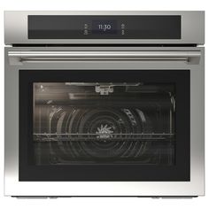 an oven with the door open showing it's glass and metal trimmings