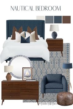 a bedroom is shown with blue and brown accents