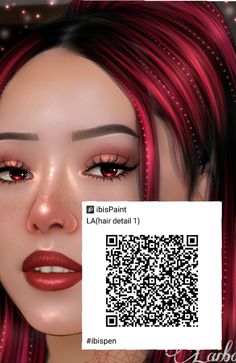 a woman with red hair and pink eyes has a qr code on her face