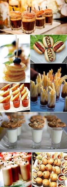 many different pictures of food and drinks on display