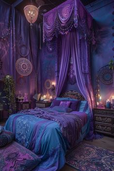 a bedroom with purple and blue decor on the walls, bed in front of a chandelier