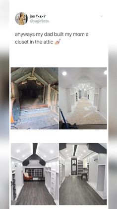 the inside of an attic with white walls and wood flooring is shown in four different pictures