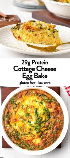 egg bake with spinach and cheese on top in a white bowl next to a fork