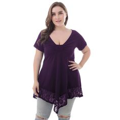 Plunge Neck Short Sleeve Splice Lace Asymmetric Plus Size Women Blouse - Purple Iris - 3T83115321 - Women's Clothing, Plus Size Women's Clothing  #PlusSizeWomensClothing #Women's #Clothing # #Plus #Size #Women's #Clothing Plus Size Top Purple, Lace Blouse Styles, Black Lace Blouse, Purple Iris, Women Blouse, Womens Tops Summer, Loose Blouse, Plus Size Womens Clothing, Fashion Seasons