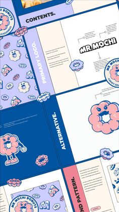 an assortment of brochures with different designs on them, including blue and pink