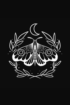 a black and white drawing of a moth on a dark background with the moon above it