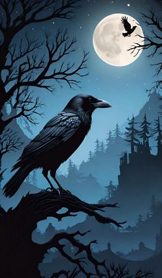 a black crow sitting on top of a tree branch in front of a full moon