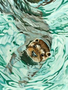 an otter swimming in the water with its head above the water's surface, looking up