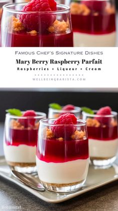 three desserts with raspberry and cream in glasses on a silver platter