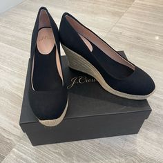 Beautiful J. Crew Black And Beige Espadrilles. Size 37. Nwt Casual Black Slip-on Espadrilles, Trendy Black Slip-on Espadrilles, Elegant Black Slip-on Espadrilles, Elegant Slip-on Espadrilles With Woven Sole, Black Closed-toe Straw Espadrilles, Beige Espadrilles, Espadrille Sneakers, Tan Wedges, Lace Up Espadrilles